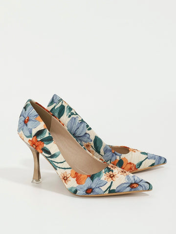 Floral Print Point Toe Stiletto Heeled Court Pumps