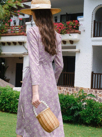 Floral Print Puff-Sleeve Wrap Front Buttoned Dress