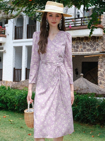 Floral Print Puff-Sleeve Wrap Front Buttoned Dress