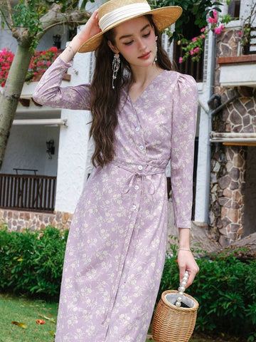Floral Print Puff-Sleeve Wrap Front Buttoned Dress