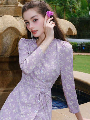 Floral Print Puff-Sleeve Wrap Front Buttoned Dress