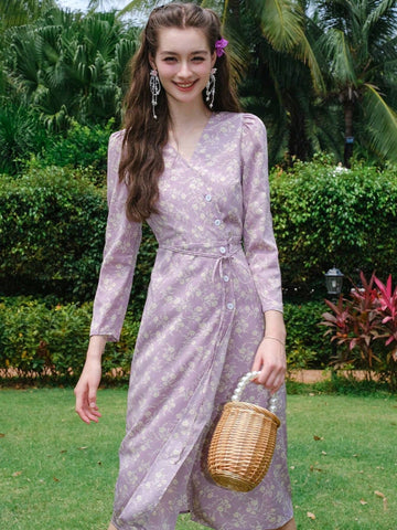 Floral Print Puff-Sleeve Wrap Front Buttoned Dress
