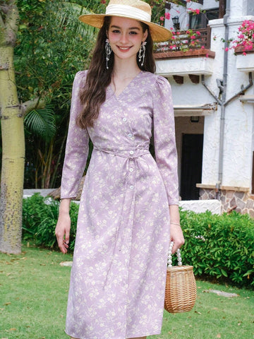 Floral Print Puff-Sleeve Wrap Front Buttoned Dress