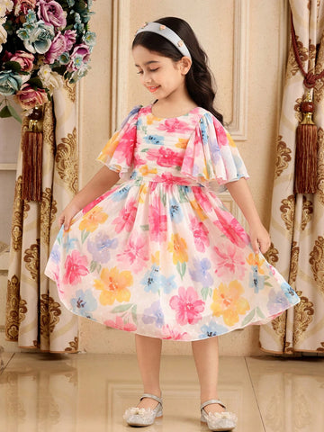 Floral Print Ruched Square Neck Ruffle Short Sleeve Elegant Dress For Young Girl