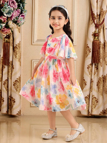 Floral Print Ruched Square Neck Ruffle Short Sleeve Elegant Dress For Young Girl