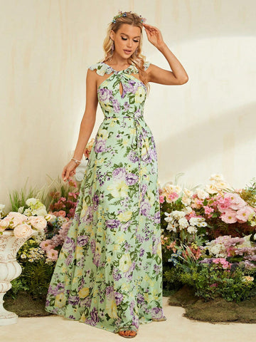 Floral Print Ruffle Trim Belted Maxi Chiffon Bridesmaid Dress