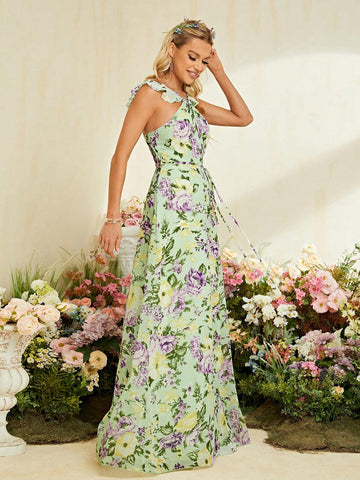 Floral Print Ruffle Trim Belted Maxi Chiffon Bridesmaid Dress