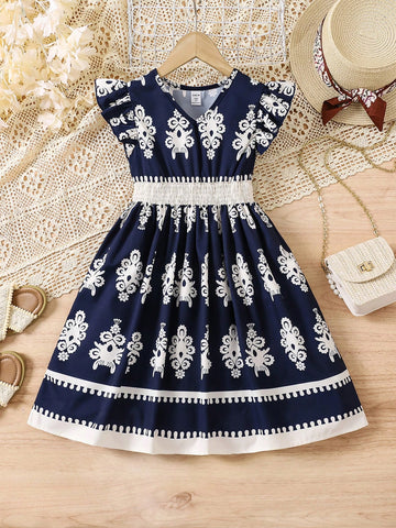 Floral Print Shirred Cap Sleeve Cinched Waist Casual Dress For Young Girl
