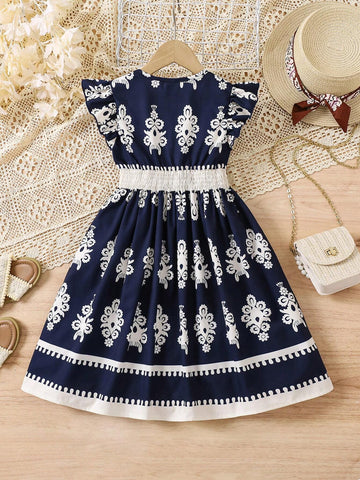 Floral Print Shirred Cap Sleeve Cinched Waist Casual Dress For Young Girl