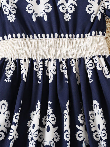 Floral Print Shirred Cap Sleeve Cinched Waist Casual Dress For Young Girl