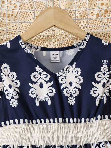 Floral Print Shirred Cap Sleeve Cinched Waist Casual Dress For Young Girl