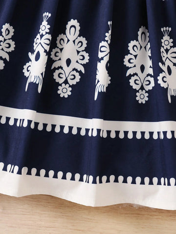 Floral Print Shirred Cap Sleeve Cinched Waist Casual Dress For Young Girl