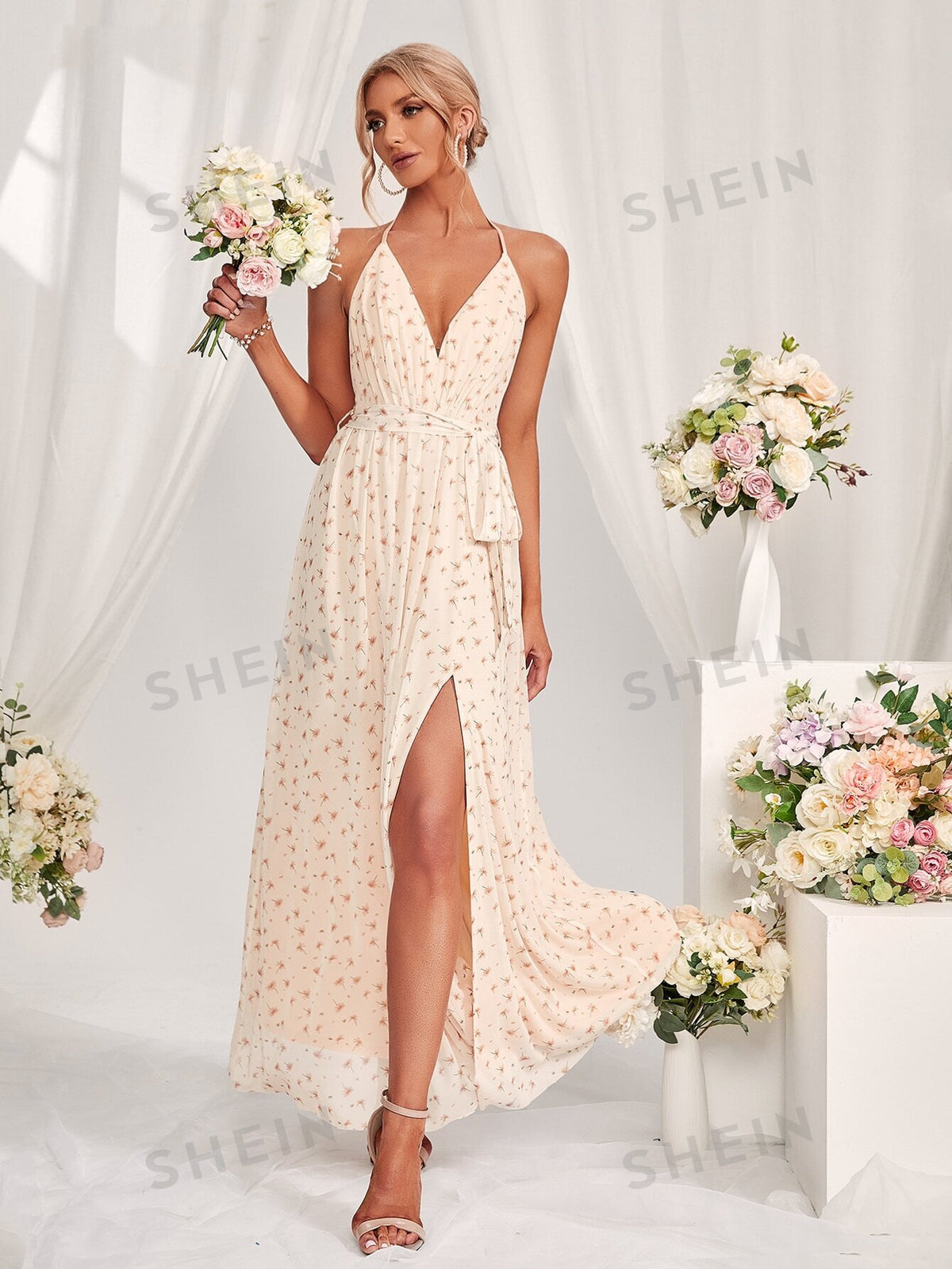 Floral Print Split Hem Cami Bridesmaid Dress