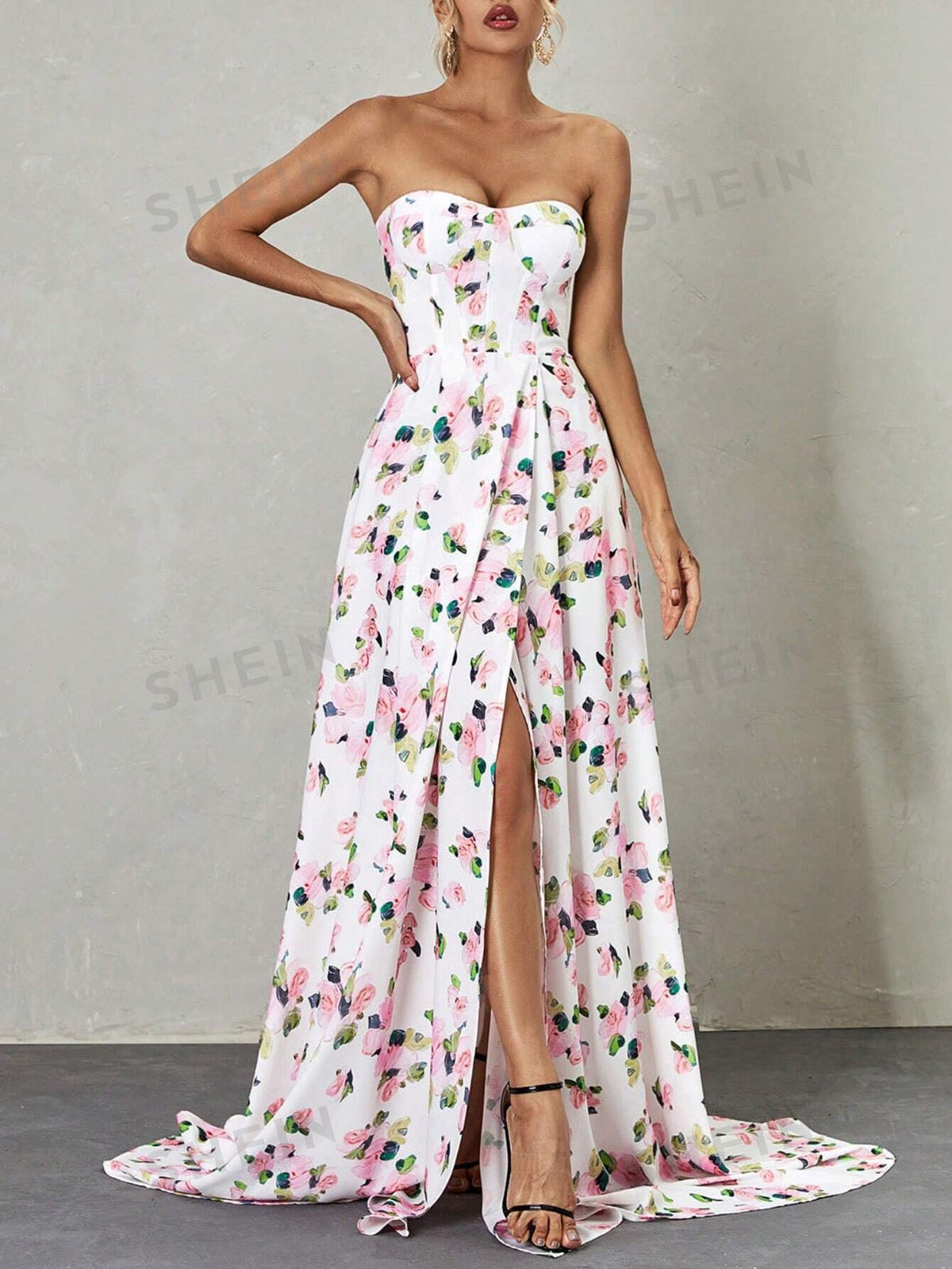 Floral Print Split Thigh Tube Bridesmaid Dress
