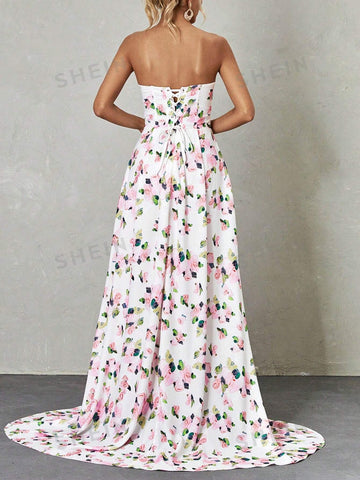 Floral Print Split Thigh Tube Bridesmaid Dress