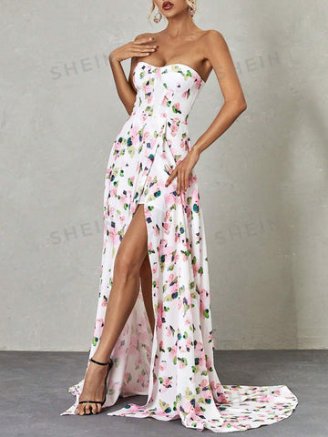 Floral Print Split Thigh Tube Bridesmaid Dress