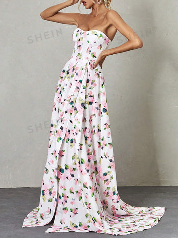 Floral Print Split Thigh Tube Bridesmaid Dress