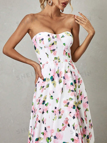 Floral Print Split Thigh Tube Bridesmaid Dress