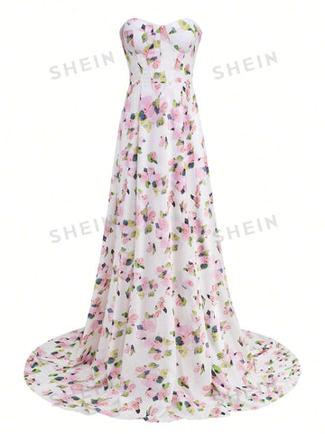 Floral Print Split Thigh Tube Bridesmaid Dress