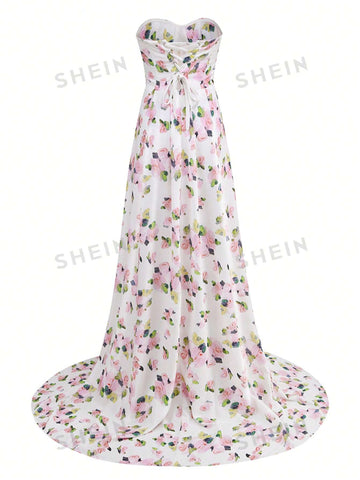 Floral Print Split Thigh Tube Bridesmaid Dress