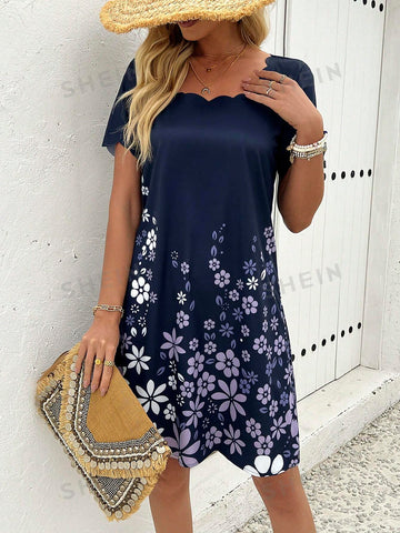 Floral Print Square Neck Scallop Edge Dress