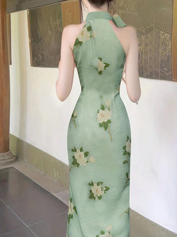 Floral Print Tie Neck Dress