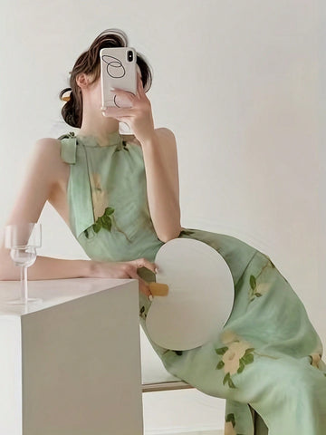 Floral Print Tie Neck Dress