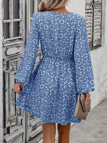Floral Print V-Neck Lantern Sleeve Dress With Ruffle Hem