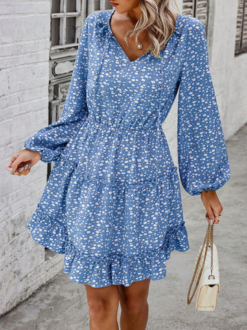 Floral Print V-Neck Lantern Sleeve Dress With Ruffle Hem