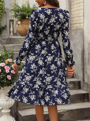 Floral Print V-Neck Ruffle Sleeve Belted Maxi Dress