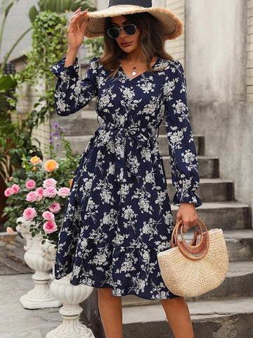 Floral Print V-Neck Ruffle Sleeve Belted Maxi Dress