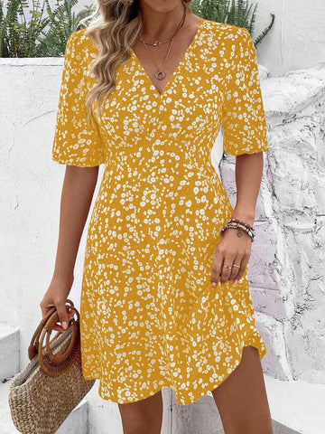 Floral Print V-Neck Waist Belted Dress