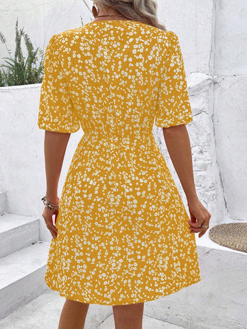 Floral Print V-Neck Waist Belted Dress