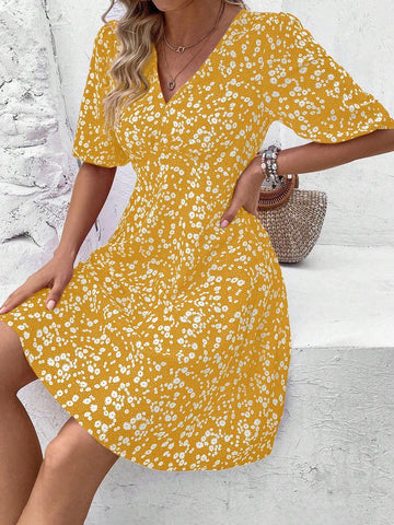 Floral Print V-Neck Waist Belted Dress