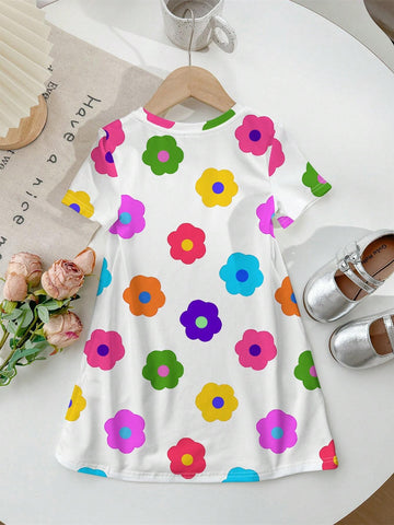 Floral Print Young Girl's Casual Short Sleeve Midi Dress, Suitable For Summer