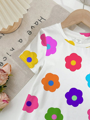 Floral Print Young Girl's Casual Short Sleeve Midi Dress, Suitable For Summer