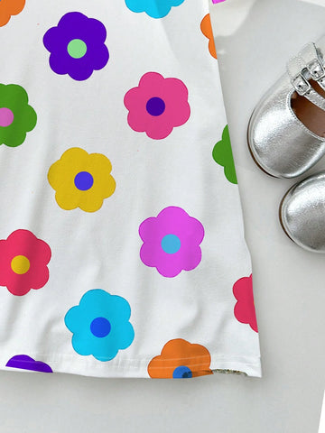 Floral Print Young Girl's Casual Short Sleeve Midi Dress, Suitable For Summer
