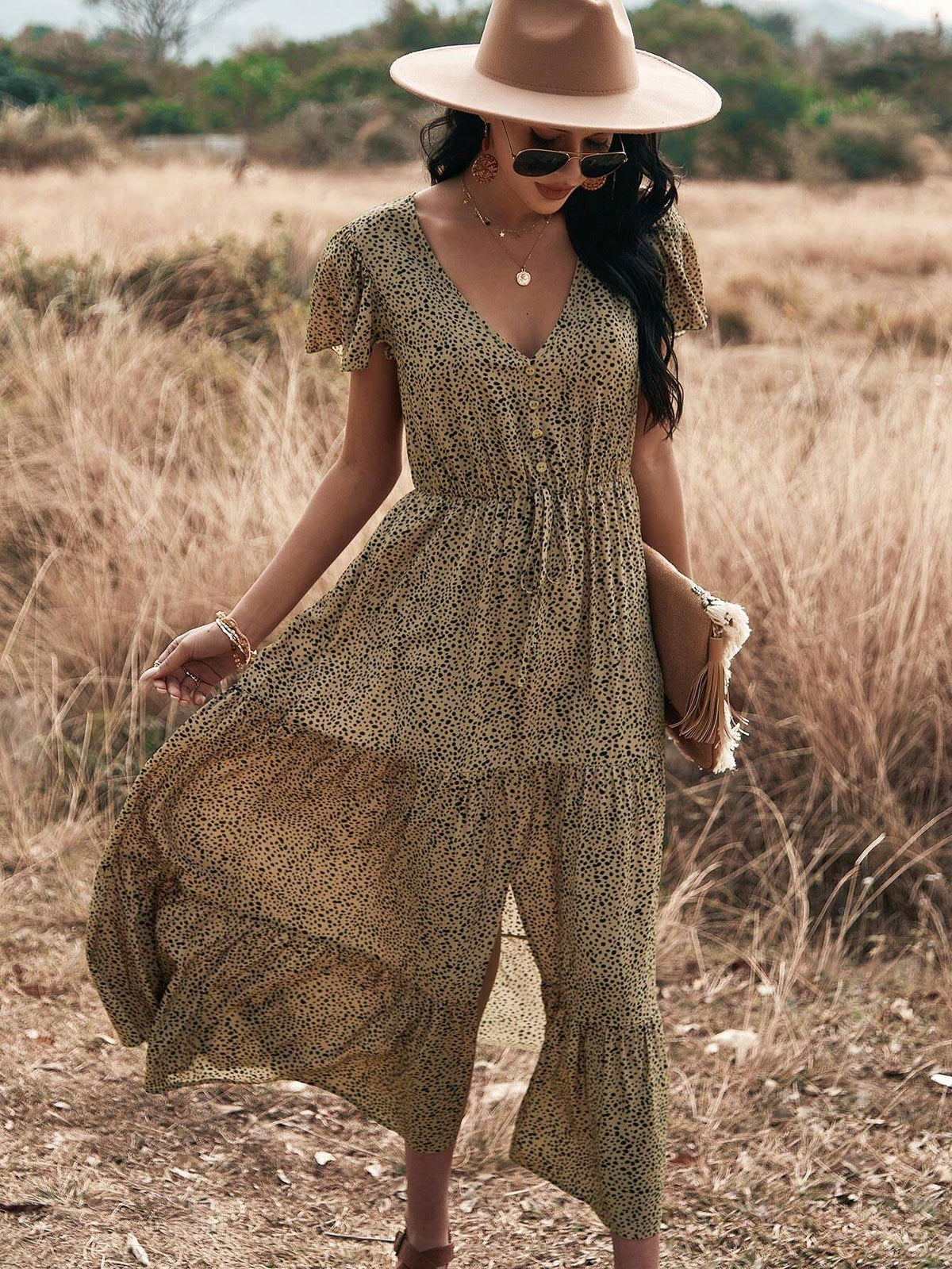 Floral Printed Deep V-Neck Tie Waist Ruffle Hem Slit Front Dress
