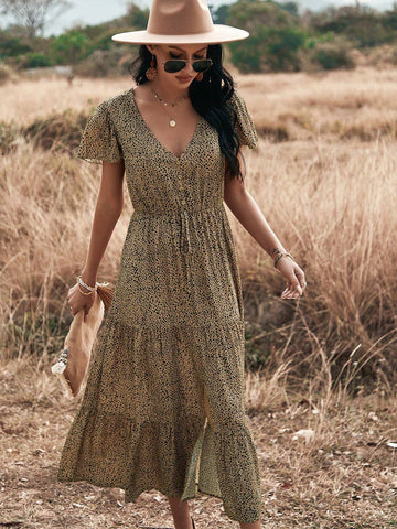 Floral Printed Deep V-Neck Tie Waist Ruffle Hem Slit Front Dress