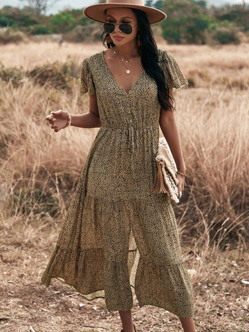 Floral Printed Deep V-Neck Tie Waist Ruffle Hem Slit Front Dress