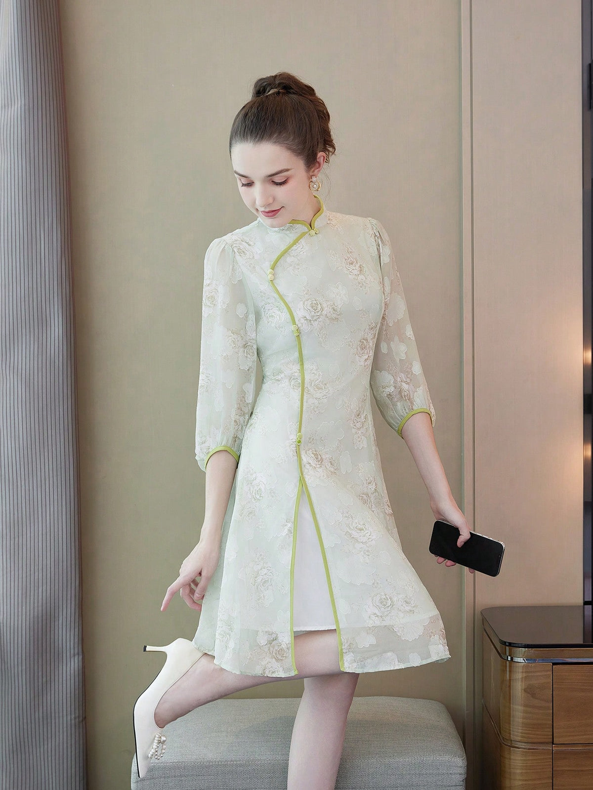 Floral Printed Half Sleeve Cheongsam/Qipao/Chinese Dress For Chinese New Year