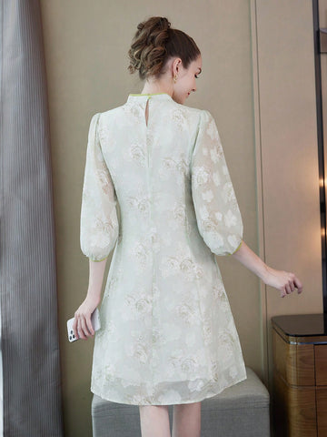 Floral Printed Half Sleeve Cheongsam/Qipao/Chinese Dress For Chinese New Year