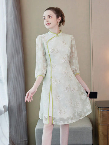 Floral Printed Half Sleeve Cheongsam/Qipao/Chinese Dress For Chinese New Year