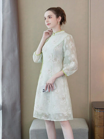 Floral Printed Half Sleeve Cheongsam/Qipao/Chinese Dress For Chinese New Year