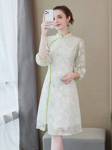 Floral Printed Half Sleeve Cheongsam/Qipao/Chinese Dress For Chinese New Year