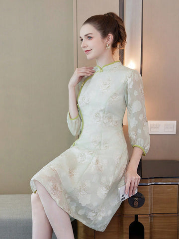 Floral Printed Half Sleeve Cheongsam/Qipao/Chinese Dress For Chinese New Year
