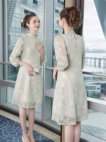 Floral Printed Half Sleeve Cheongsam/Qipao/Chinese Dress For Chinese New Year