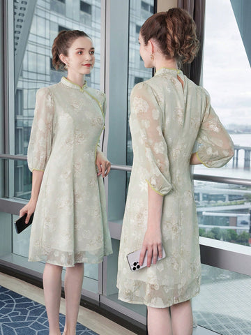 Floral Printed Half Sleeve Cheongsam/Qipao/Chinese Dress For Chinese New Year