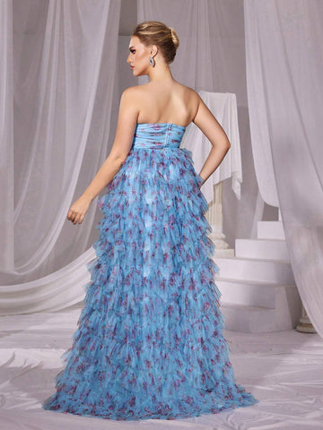 Floral Printed Mesh Layered Tube Cake Dress