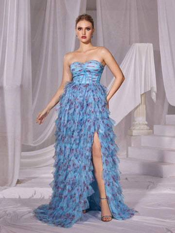 Floral Printed Mesh Layered Tube Cake Dress